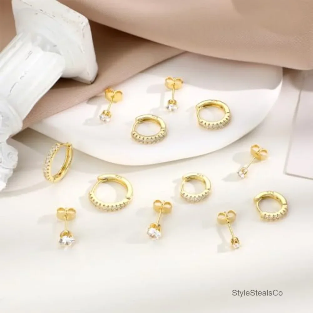 14K Gold Plated Hypoallergenic Hoop & Stud Earrings Set, 8-12mm